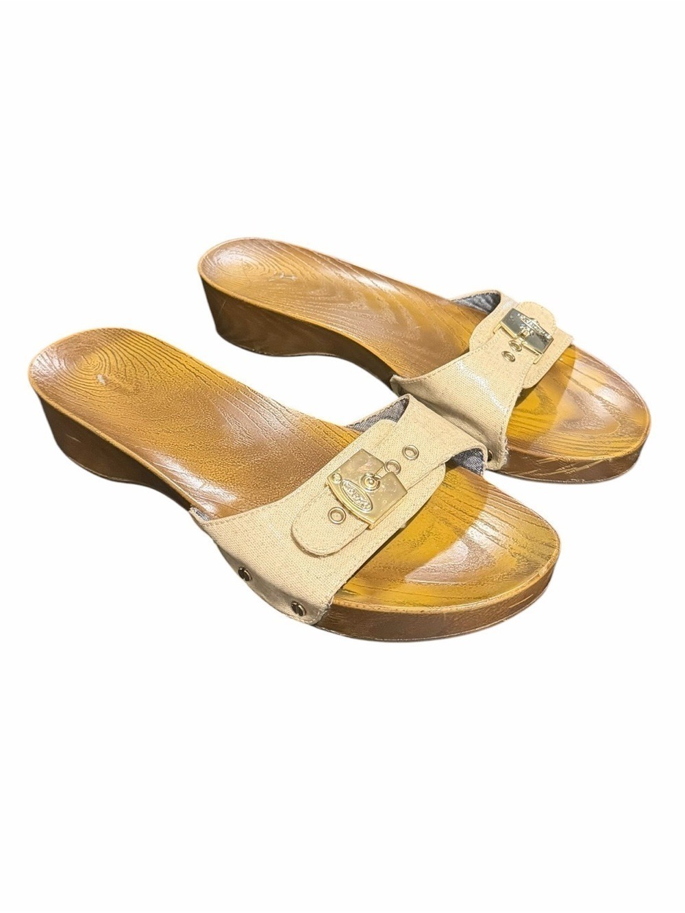 Dr. Scholl’s Classic Faux Wood Slide Sandal Vegan Leather Velcro Buckle Size 8